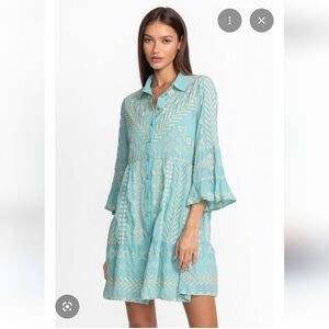 Johnny Was 100% cotton mint green cream embroidered Charis easy tiered dress XS